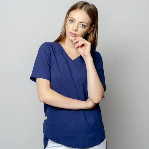 Willsoor Camiseta para mujer en azul oscuro con adición de lino 10911 (8171450)