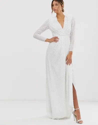 Vestido de boda cruzado con escote y diseño plisado con lentejuelas de ASOS EDITION-Blanco (9004664)