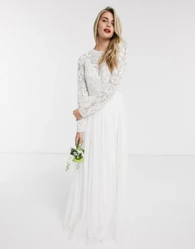 Vestido de boda con parte superior con adorno de cuentas Elizabeth de ASOS EDITION-Blanco (9060043)