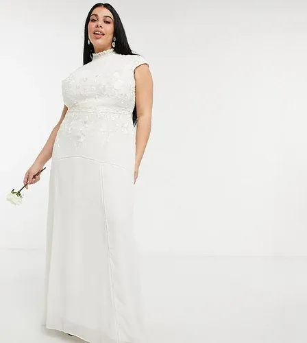 Vestido de novia largo color marfil con adorno floral de cuentas y abertura en la espalda de Hope &amp; Ivy Plus-Blanco (4108072)