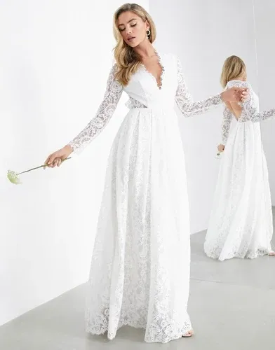 Vestido de boda de encaje con cuello de pico y espalda al aire Penelope de ASOS Edition-Blanco (4362805)
