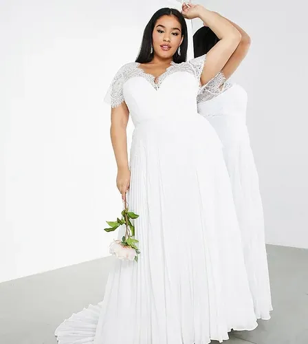 Vestido de boda color marfil escotado con falda plisada de encaje Sophia de ASOS EDITION Curve-Blanco (8283115)