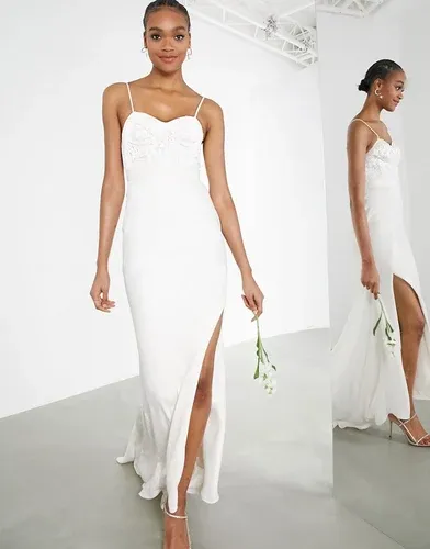 Vestido de boda color marfil con diseño estilo corsé de encaje adornado y falda de satén Scarlet de ASOS EDITION-Blanco (9061636)