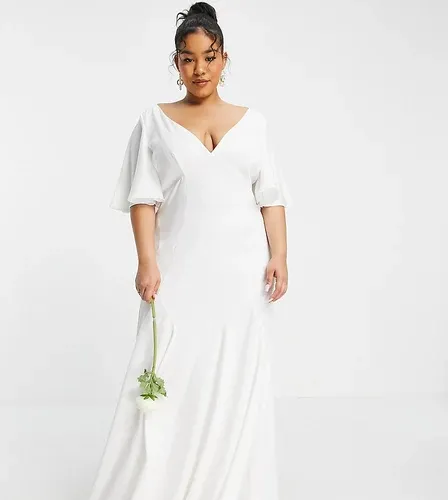 Vestido de novia con mangas acampanadas de satén Serenity de ASOS Edition Curve-Blanco (8098322)