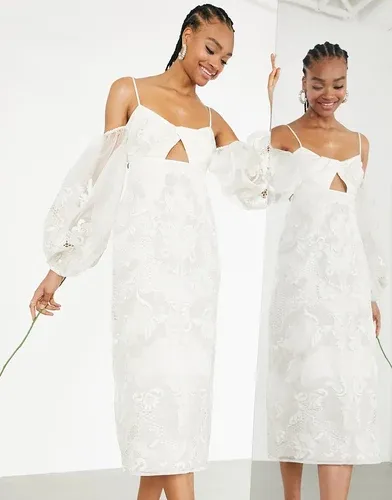 Vestido de boda midi bordado con mangas llamativas y detalle retorcido en la parte delantera Willow de ASOS Edition-Blanco (5450443)