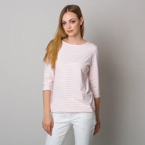 Willsoor Camiseta para mujer color blanco con líneas rosa 12957 (8171514)