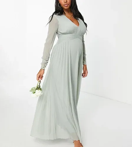 ASOS Maternity Vestido de dama de honor largo color oliva con cintura fruncida, manga larga y falda plisada de ASOS DESIGN Maternity-Verde (6981762)