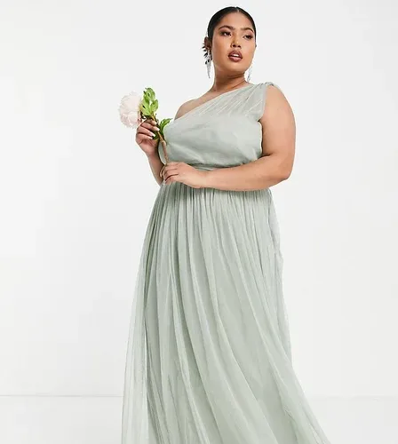 Anaya Plus Vestido para dama de honor largo verde salvia con diseño asimétrico de tul de Anaya With Love Plus (6916280)