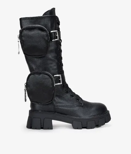 Bosanova Botas militares altas negras con bolsillos extraíbles y suela track para mujer (6579213)