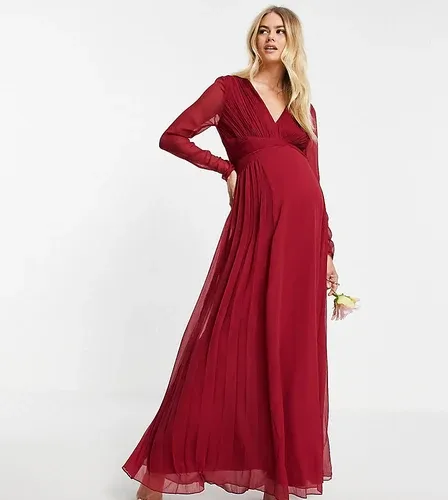 ASOS Maternity Vestido largo de dama de honor con cintura fruncida, mangas largas y falda plisada de ASOS DESIGN Maternity-Rojo (6980705)