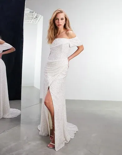 Vestido de novia con escote de Bardot de lentejuelas Cecilia de ASOS EDITION-Blanco (6664312)