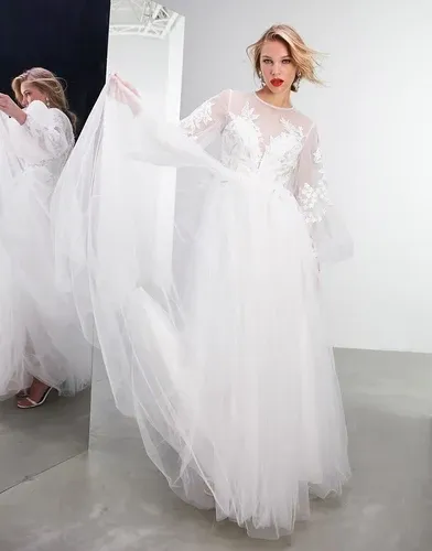 Vestido de novia bordado con mangas estilo blusón y falda de malla Luna de ASOS Edition-Blanco (6910882)