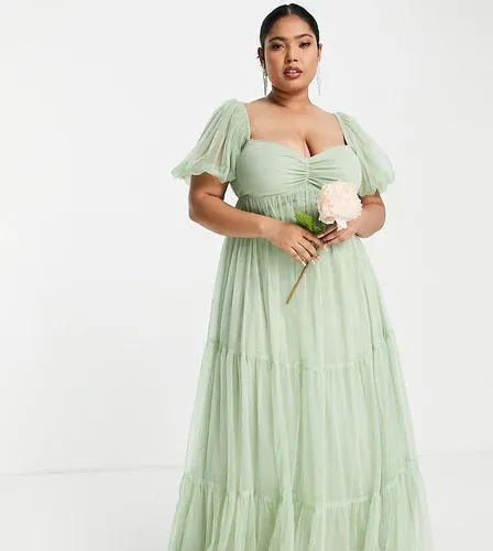 Vestido de dama de honor verde salvia con mangas abullonadas de tul de Lace &amp; Beads Plus (6917330)