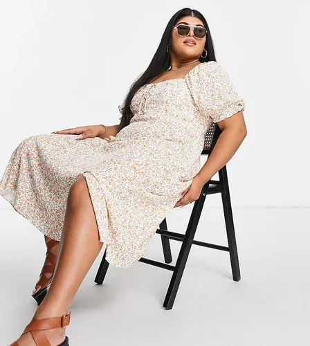 Vestido de tarde midi color marfil con estampado floral y lazada en el pecho de Forever New Curve-Blanco (7122465)