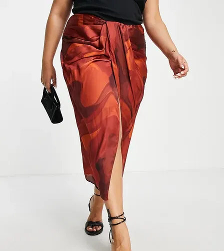 ASOS Luxe Falda midi marrón cruzada con diseño drapeado y estampado de remolinos de ASOS DESIGN Curve (parte de un conjunto)-Multicolor (7997712)