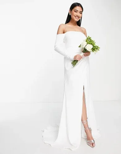 Vestido de novia drapeado en la parte delantera con escote Bardot de satén Willa de ASOS EDITION-Blanco (7738420)
