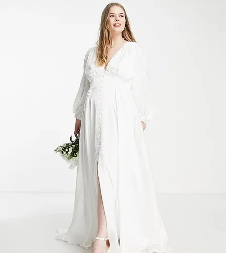 Vestido de novia abotonado en la parte delantera con mangas blusón de satén Alyssa de ASOS EDITION Curve-Blanco (7870919)