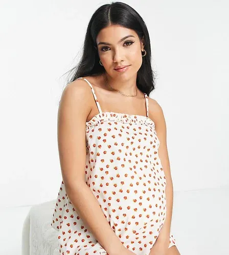 ASOS Maternity Pijama color crema de pantalones cortos y top de tirantes con estampado floral rojo y volantes de lino de ASOS DESIGN Maternity-Blanco (8001232)