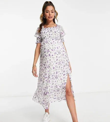 Vestido midi fruncido con mangas abullonadas de Violet Romance Maternity-Multicolor (8029560)