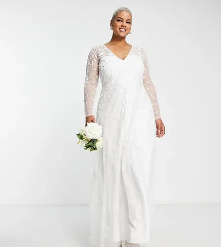 Vestido de novia con cuello de pico y diseño adornado Holly de ASOS EDITION Curve-Blanco (8009477)
