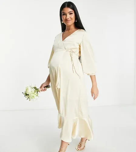Vestido de dama de honor midi color champán cruzado con mangas abullonadas de satén de Liquorish Maternity-Amarillo (8388170)