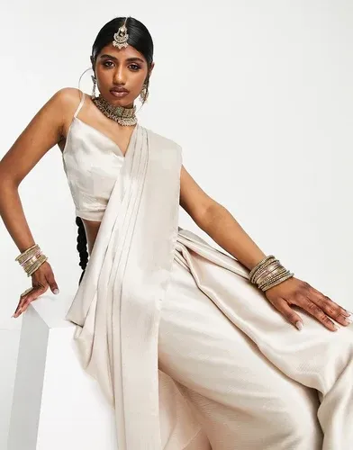 Conjunto de sari de dama de honor color champán de Kanya London-Blanco (8063952)