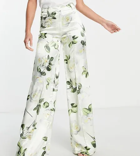 Pantalones de sastre verdes con estampado de rosas blancas de satén de Liquorish Tall (parte de un conjunto)-Multicolor (8089959)