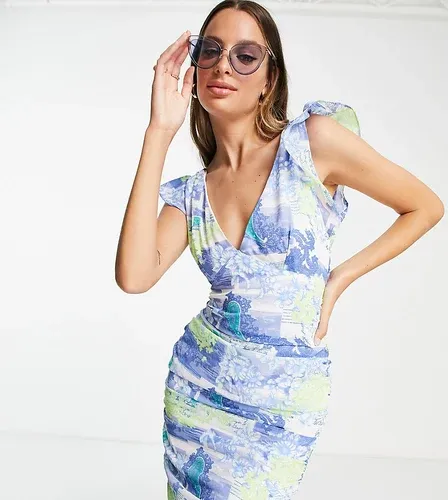 ASOS Tall Vestido veraniego corto de tirantes con estampado floral estilo postales y laterales fruncidos de ASOS DESIGN Tall-Multicolor (8106815)