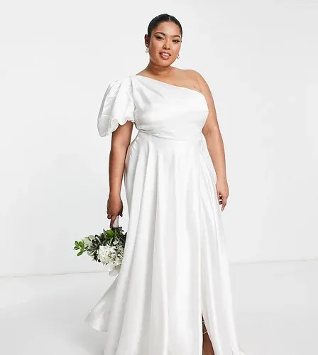 Vestido de novia color marfil de corte amplio con manga globo asimétrica de Yaura Plus-Blanco (8124161)