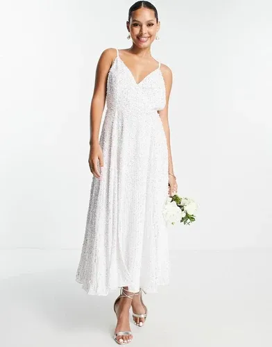 Vestido de boda midi color marfil de tirantes con diseño adornado Eva de ASOS EDITION-Blanco (8126623)