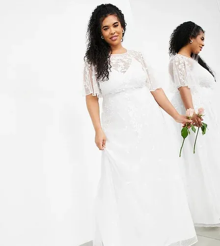 Vestido de novia con bordado floral y manga acampanada Annie de ASOS EDITION Curve-Blanco (8437115)
