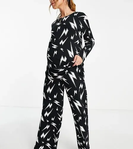 ASOS Maternity Pijama negro de pantalones y top de manga larga con estampado de relámpagos de viscosa de ASOS DESIGN Maternity (8152150)