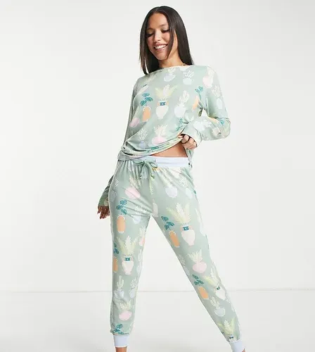 Pijama verde salvia de joggers y top de manga larga con estampado de plantas de punto de Chelsea Peers Tall (8195007)