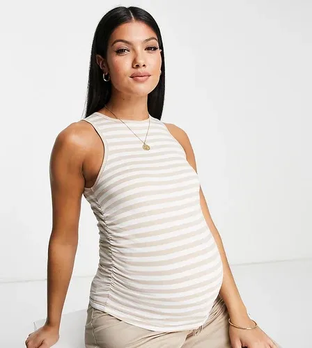 ASOS Maternity Camiseta a rayas blancas y camel sin mangas con laterales fruncidos de ASOS DESIGN Maternity-Multicolor (8195008)