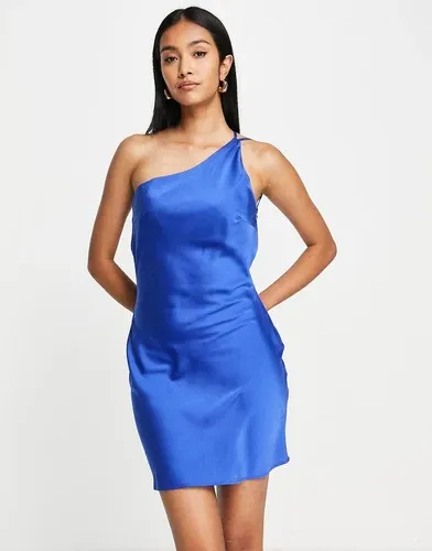 Vestido corto azul cobalto con tirantes asimétricos de satén de Lola May (8210977)