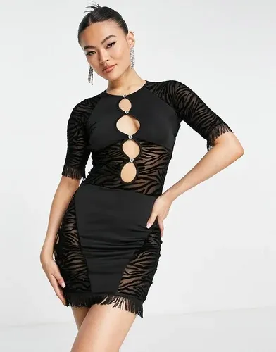Vestido corto negro con estampado de cebra y aberturas de Rebellious Fashion (8209798)
