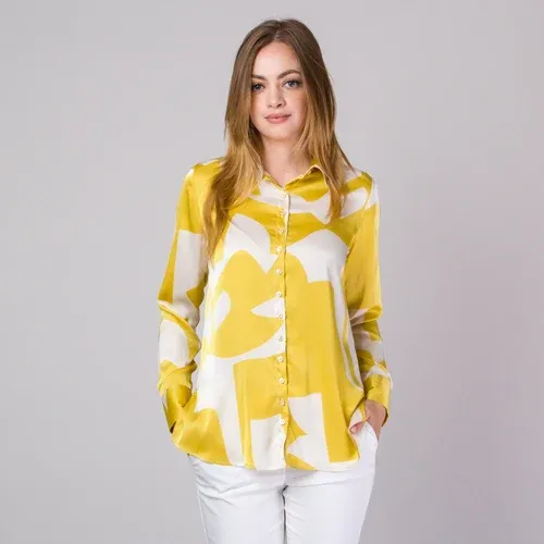 Willsoor Camisa de mujer con patrón geométrico amarillo y blanco 14310 (8172734)