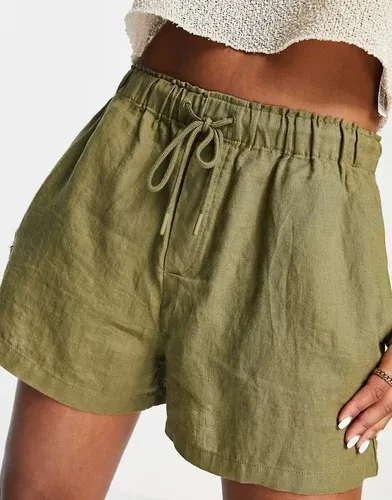 Pantalones cortos caquis con detalle de cordón de lino de Mango-Beis neutro (8283116)