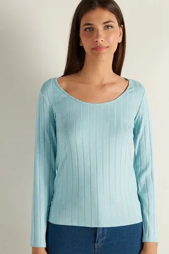Tezenis Camiseta de Manga Larga con Amplio Escote Redondo de Canalé Ancho Mujer Azul Claro Tamaño L (8342890)
