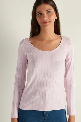 Tezenis Camiseta de Manga Larga con Amplio Escote Redondo de Canalé Ancho Mujer Rosa Claro Tamaño L (8342891)