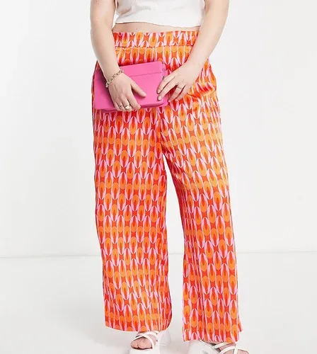 Pantalones en tonos luminosos de pernera ancha con estampado retro de satén de Vila Curve (parte de un conjunto)-Rosa (8388233)