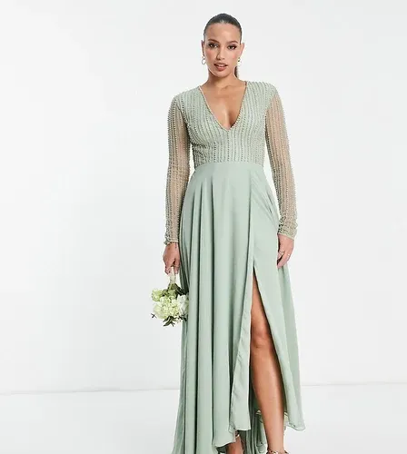 ASOS Tall Vestido de dama de honor largo con corpiño adornado, diseño lineal y falda cruzada de ASOS DESIGN Tall-Verde (8440894)
