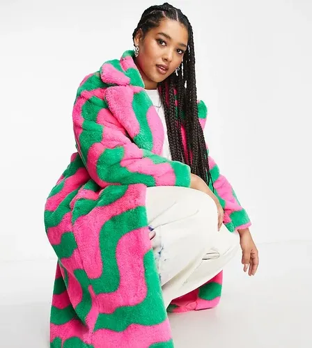 Abrigo largo rosa y verde con estampado ondulado de piel sintética de Girlfriend Material Curve-Multicolor (8446076)