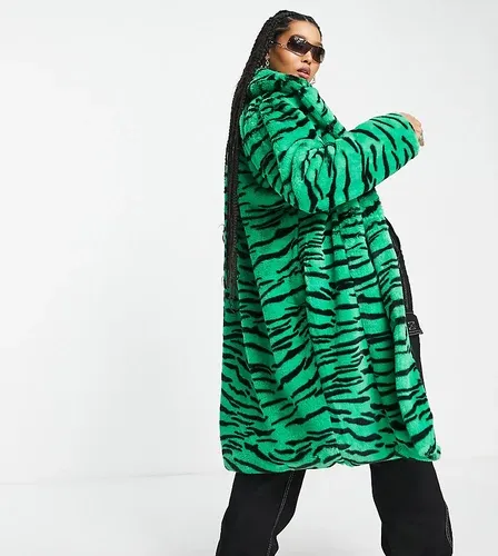 Abrigo largo verde jade con estampado de tigre de piel sintética de Girlfriend Material Curve (8456717)
