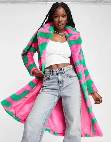 Abrigo largo rosa y verde con estampado ondulado de piel sintética de Girlfriend Material-Multicolor (8457790)