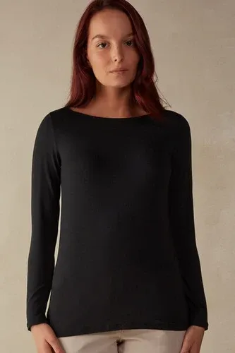 Intimissimi Camiseta de Manga Larga con Escote Barca en Micromodal Mujer Negro Tamaño L (8461610)