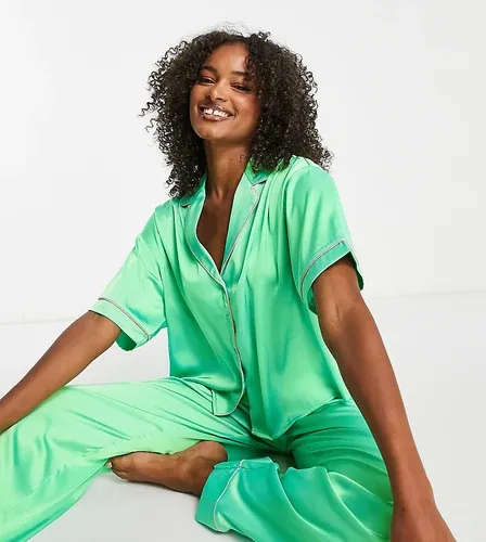 ASOS Tall Pijama verde de camisa y pantalones con ribetes en contraste de satén de ASOS DESIGN Tall (8713015)