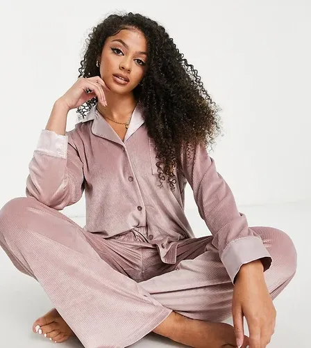 Pijama color visón de velour con cuello de solapas y ribetes de satén de Loungeable Tall-Rosa (8712870)