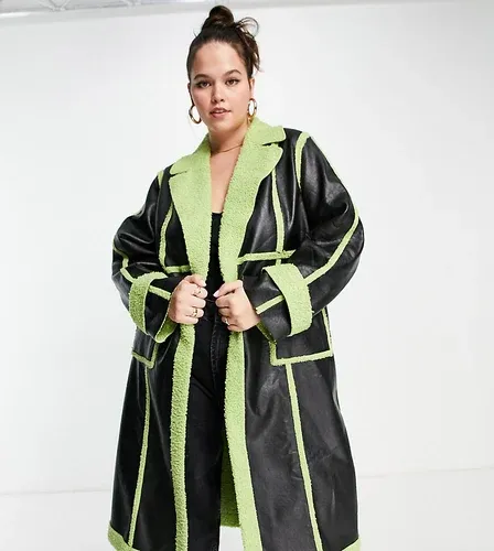Abrigo verde lima con diseño de paneles de poliuretano y ribetes de tejido tipo peluche de Extro &amp; Vert Plus-Negro (8714675)