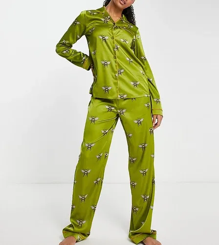 Pijama color oliva de pantalones y top abotonado con estampado de abejas de satén premium de Chelsea Peers Tall-Verde (8743497)
